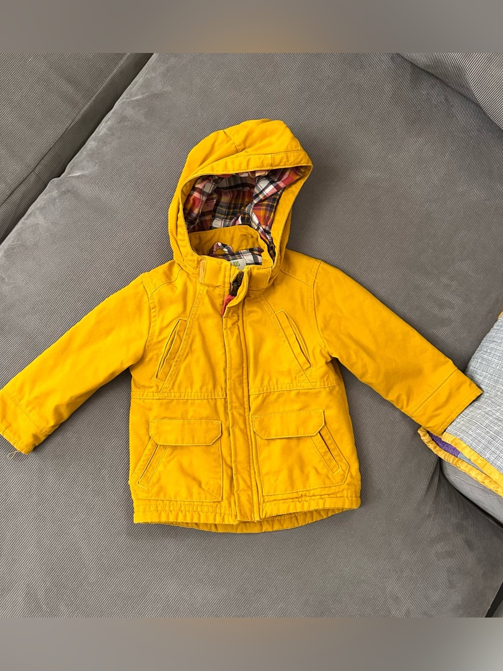 OshKosh Yellow Cotton Plaid Lined Jacket with Detachable Hood Sz 18 months
